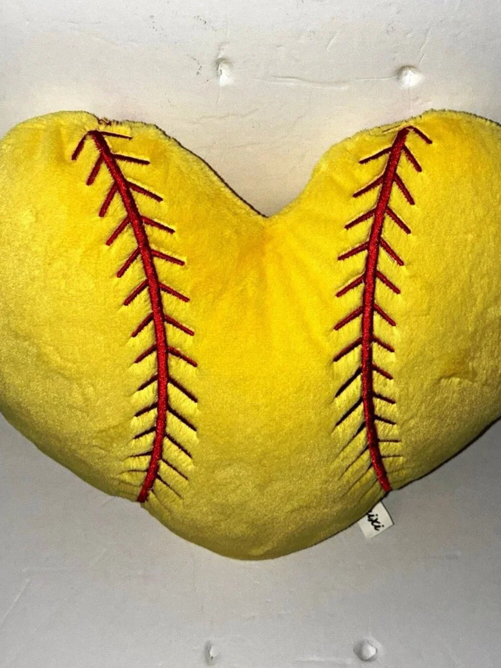 Akairi Yellow Heart Softball Stitch Plush Pillow, Red Stitching, Valentine’s